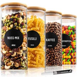 Komplet od 4 čaše za višekratnu upotrebu s bambusovim poklopcem Deco Haus – hermetičke, prikladne za perilicu posuđa i mikrovalnu pećnicu – za kekse, tjesteninu, suhe namirnice, pahuljice, kavu – visina 20 cm, promjer 10 cm