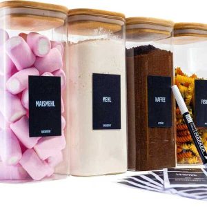 Komplet od 4 staklene posude za pohranu za višekratnu upotrebu s poklopcem od bambusa – Hermetički zatvorene, prikladne za perilicu posuđa ili mikrovalnu pećnicu – Posuda za kolačiće, tjesteninu, suhu hranu, žitarice, kavu – 20 cm visine, 10 cm širine