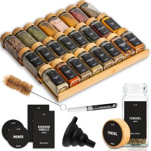 Deco Haus Bambusov organizator za ladice s staklenkama za začine - 3-slojni organizator za ladice - kuhinjski organizator, organizator za ladice s 24 staklenke za začine, 280 naljepnica za začine, četkom i lijevkom